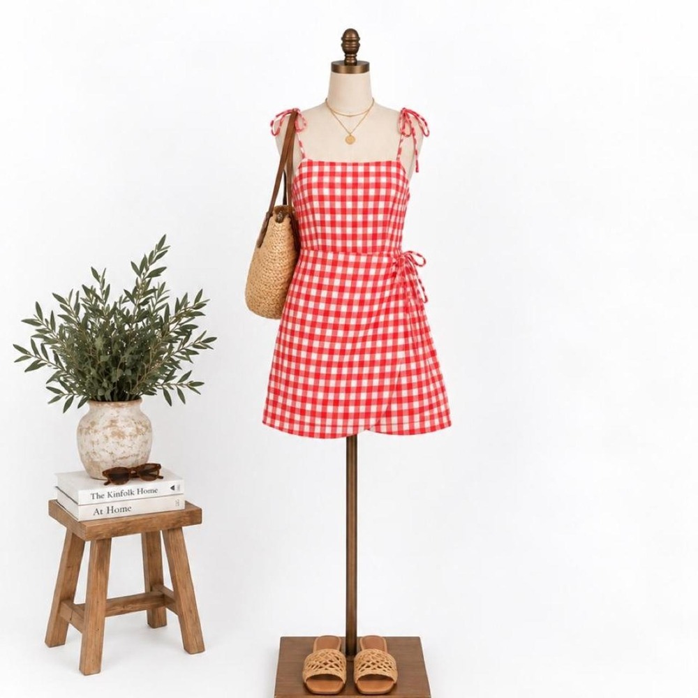 Wild Honey Red & White Gingham Tie-Strap Wrap Mini Dress – XS